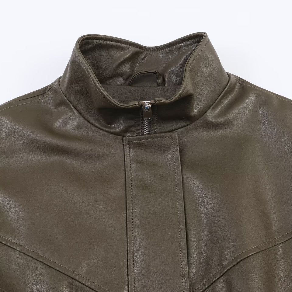 Stand collar faux leather pilot jacket