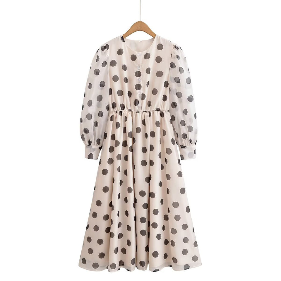 Polka dot print round neck bubble sleeves cinched waist jumpsuit long skirt