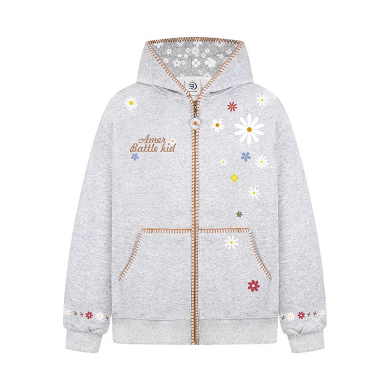Floral Embroidery Hooded Sweatshirt Unisex Loose Casual Outerwear