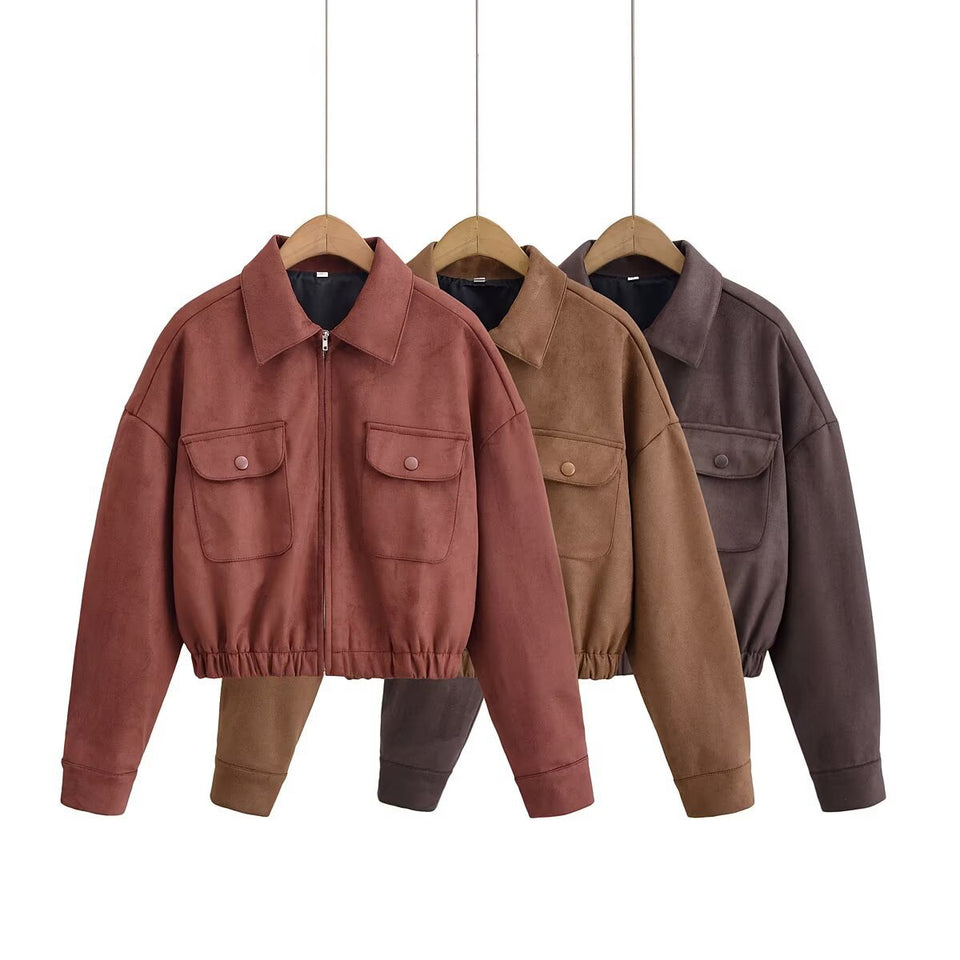 Flip collar pocket hem loose suede jacket