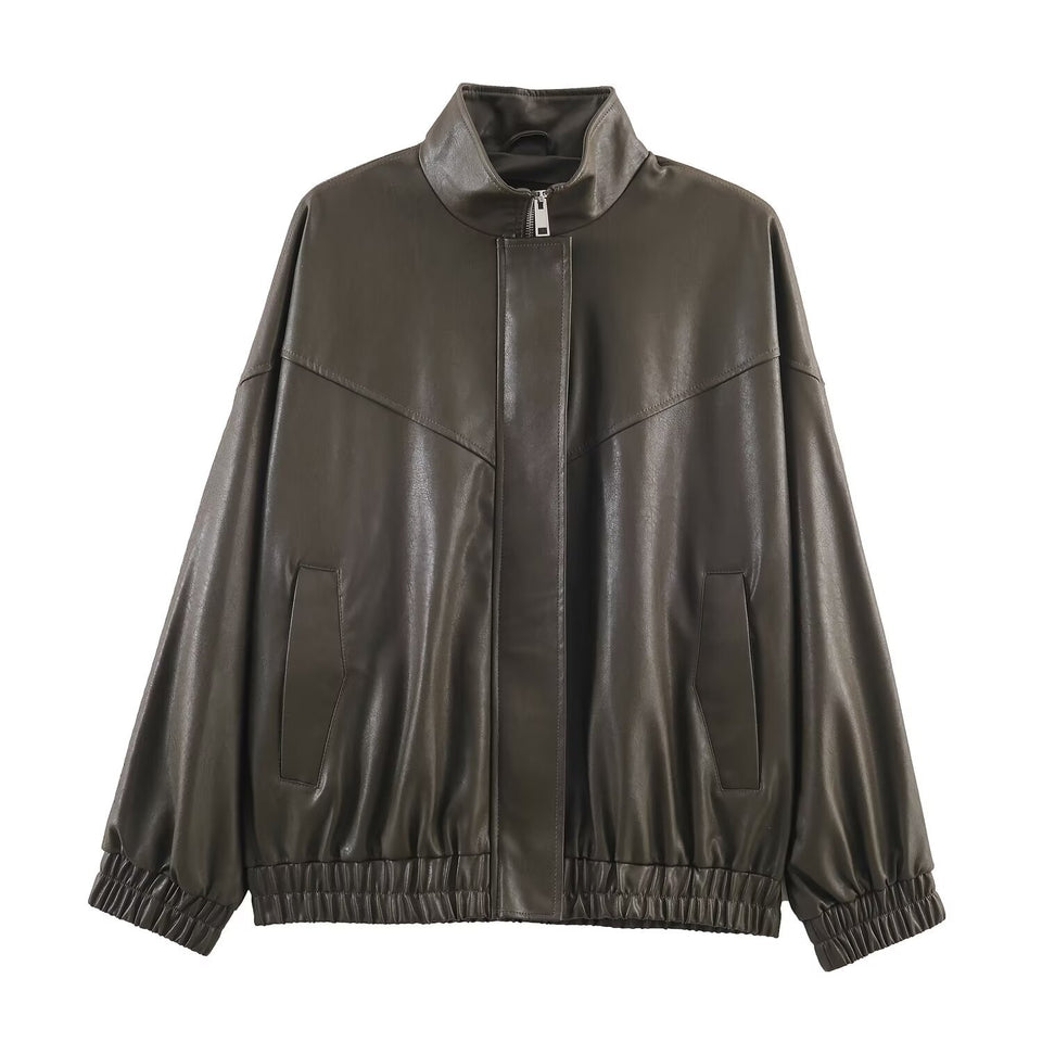 Stand collar faux leather pilot jacket