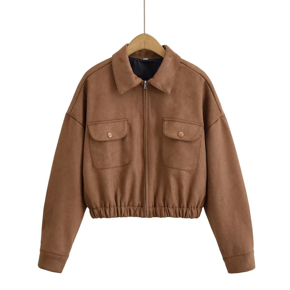 Flip collar pocket hem loose suede jacket