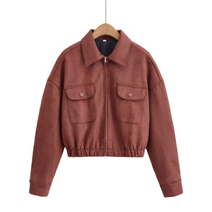 Flip collar pocket hem loose suede jacket