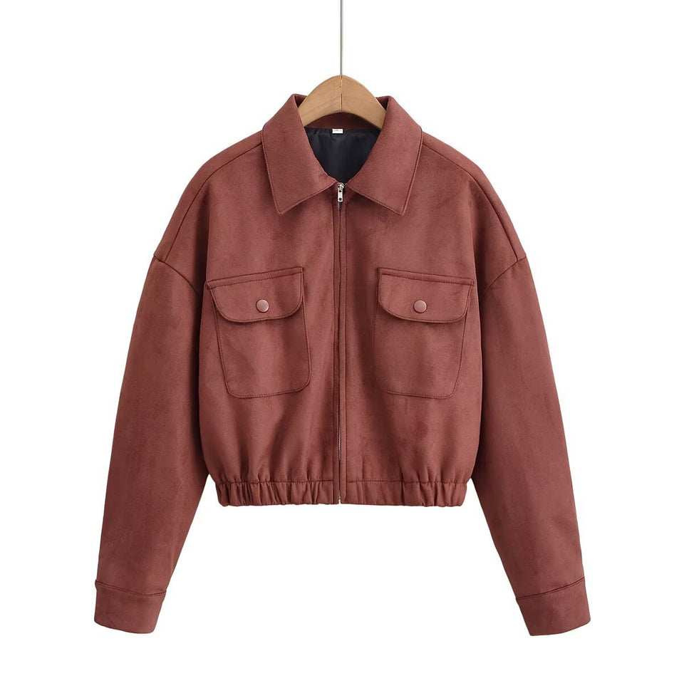 Flip collar pocket hem loose suede jacket